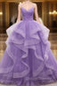 Gorgeous Purple Straps Layers Tulle V-neckline Long Evening Dress, Light Purple Prom Dress