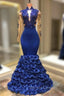 Gorgeous Royal Blue Prom Dress Long Sleevess Evening Gowns with Rose Flowers