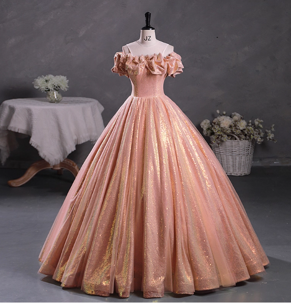 Gorgeous Shimmering Pink-Gold Ruched Sequin Sheer Tulle Long Ball Gown – Denver Dresses