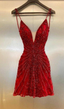 Gorgeous Spaghetti Straps Sequin Beaded Cocktail Dress Red Mini Birthday Outfits Homecoming Dress