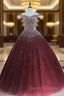 Gorgeous Sparkle Burgundy Off Shoulder Sweet 16 Gown, Burgundy Prom Dress