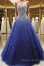 Gorgeous Strapless Blue Tulle Beaded Long Prom Dress, Beaded Blue Formal Evening Dress, Beaded Ball Gown
