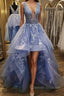 Gorgeous V Neck and V Back Blue Tulle Lace Long Prom Dress, Puffy Blue Lace Formal Evening Dress