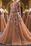 Gorgeous V Neck Champagne Lace Long Prom Dress, Champagne Lace Formal Graduation Evening Dress