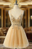 Gorgeous Yellow Homecoming Dress A Line Spaghetti Straps Short Prom Dress with Beading