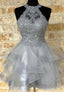 Grey Lace Short Prom Dresses, A-Line Homecoming Dresses
