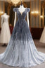 Gradation Gray Tulle V-neck Beading Prom Dress