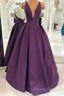 Grape Purple Satin V Neck Backless Long Prom Dress