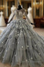 Gray Ball Gown Tulle Tiers Long Sleeve Appliques Beading Wedding Dress