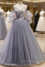 Gray Blue A-Line Tulle Lace Long Prom Dress, Gray Blue Formal Graduation Dress