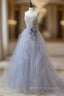 Gray Blue Lace Long Prom Dress, Strapless Evening Party Dress