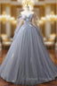Gray Blue Tulle Floor Length Prom Dress, Elegant Long Sleeve Formal Evening Dress