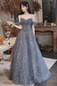 Gray Blue Tulle Long Prom Dresses, A-Line Spaghetti Straps Evening Dresses