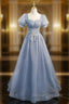Gray Blue Tulle Sequin Long Prom Dress, Gray Blue Evening Dress