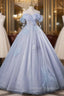 Gray Blue Tulle Sequins Off the Shoulder Quinceanera Dress