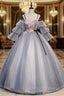 Gray Blue Tulle Spaghetti Straps Appliques Quinceanera Dress