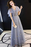 Gray Blue V Neck Tulle Long Prom Dress, Tulle Bridesmaid Dress