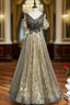 Gray Gold Tulle Sequins V-neck Short Sleeve Pleats Prom Dress
