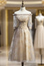 Gray Gold Tulle Short Sleeve Off the Shoulder Prom Dress