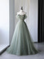 Gray Green Tulle Off Shoulder Long Prom Dress, Gray Green Formal Graduation Dress