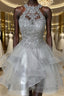 Gray Lace Short Prom Dress, Fluffy Gray Lace Homecoming Dress, Gray Formal Evening Dress