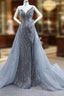 Gray Mermaid Sequins Strapless Pearls Feather Prom Dress