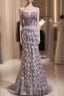 Gray Mermaid Strapless Feahther Beading Prom Dress