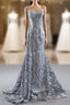 Gray Mermaid Tulle Embroidery Spagehtti Straps Pearls Prom Dress