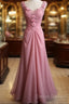Gray Pink Retro Mermaid V-Neck Chiffon Beaded Long Prom Dress Sweet Applique Birthday Dress