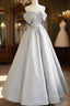 Gray Satin Long Prom Dress, A-Line Spaghetti Straps Evening Graduation Dress