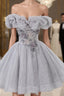 Gray Scoop Neckline Tulle Sequins Short Prom Dress, A-Line Off The Shoulder Evening Party Dress