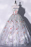 Gray Strapless Floral Tulle Long Prom Dress, Cute A-Line Evening Party Dress