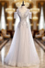 Gray Tulle Appliques Beading V-neck Prom Dress
