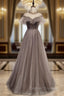 Gray Tulle Backless Cap Sleeve Sequins Prom Dress