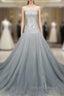 Gray Tulle Beads Long Prom Dress Gray Tulle Formal Evening Graduation Dress