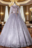 Gray Tulle Lace Appliques Long Sleeve Quinceanera Dress