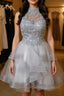 Gray tulle lace high neck short prom Dress gray homecoming Dress