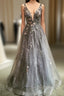Gray Tulle Lace long A-Line Prom Dress, Gray V-Neck Evening Party Dress