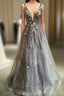 Gray Tulle Lace long A-Line Prom Dress, Gray V-Neck Evening Party Dress