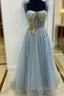 Gray Tulle Lace Long Prom Dress, A-Line Spaghetti Straps Evening Dress