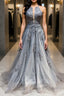 Gray tulle lace long prom Dress gray tulle lace formal Dress