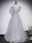 Gray Tulle Lace Sequin Long Prom Dress, Gray Tulle Formal Dress