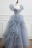 Gray Tulle Long A-Line Prom Dress, Gray Short Sleeve Evening Dress