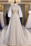 Gray Tulle Long Sleeve Sequins Beading Prom Dress