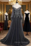 Gray Tulle Long Sleeve Spaghetti Straps Appliques Beading Prom Dress