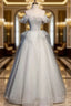 Gray Tulle Off the Shoulder Beading Sequins Prom Dress