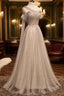 Gray Tulle One Shoulder Long Prom Dress, Gray Formal Graduation Dress with Beading