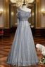 Gray Tulle Scoop Pearls Pleats Prom Dress