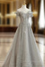 Gray Tulle Sequin Lace Off Shoulder Long Prom Dress, Gray Evening Dress