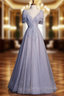 Gray Tulle Sequins Beading V-neck Prom Dress